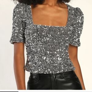 Silver Sequin Puff Sleeve Top Size M